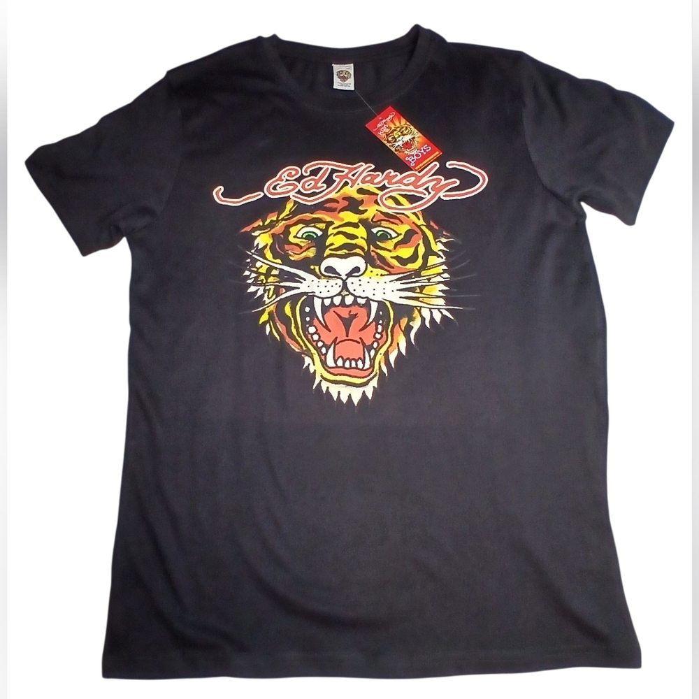 Ed Hardy Kids Tiger Graphic Tee – Size 19/20 (Jet Black) 100% Cotton